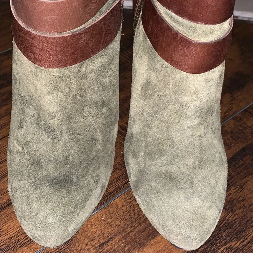 Nine West Olive Green Suede Ankle Booties with Brown Leather Straps - Picture 6 of 8